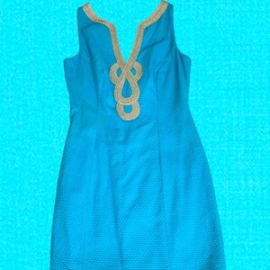 Sold LILLY PULITZER Janice Turquoise Blue & Gold Janice Shift Dress Sz 00